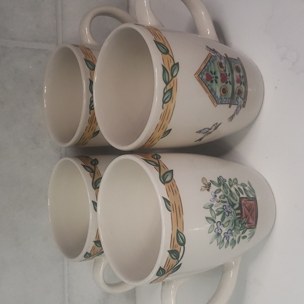 Thompson Pottery Birdhouse Tea Coffee Cup Mugs Birds Hearts Set Of 4
